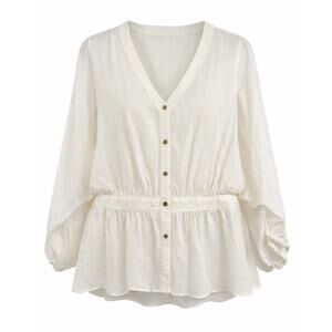 Trina Turk White Cotton Linen Peplum Blouse V-Neck Button Front Boho Top - XL